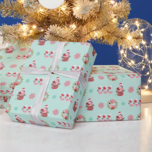 Christmas Festive Flamingos with Sleigh on Green Wrapping Paper
