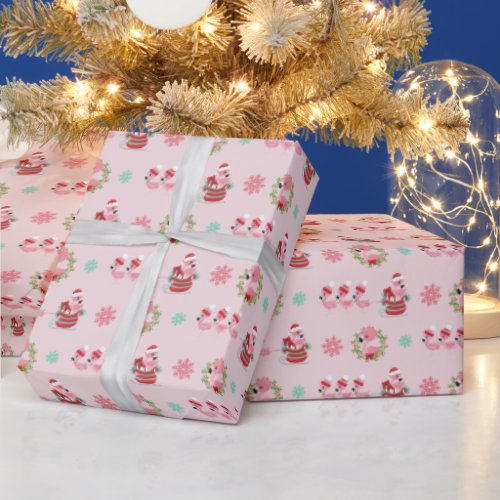 Christmas Festive Flamingos with Sleigh on Pink Wrapping Paper