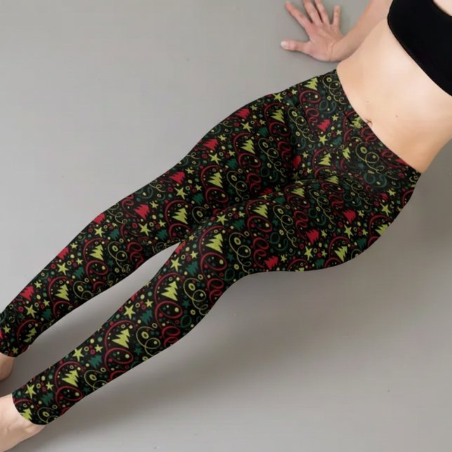  Christmas Festive Holiday Capri Leggings (Retro colorful Christmas tree leggings! Funky festive fashion with stars, swirls & holiday fun!)