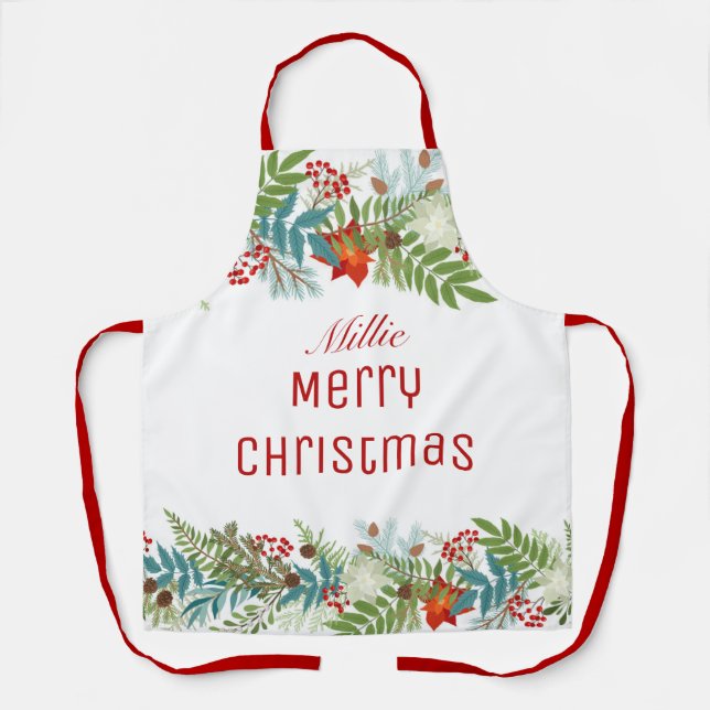 Christmas Festive Holiday Floral Personalized Apron (Front)