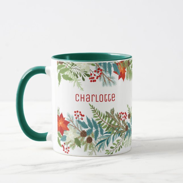 Christmas Festive Holiday Floral Personalized Mug (Left)