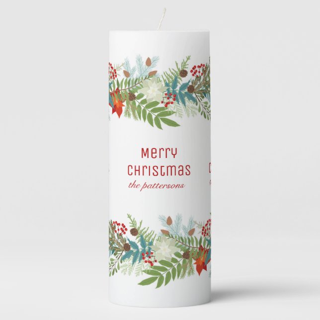 Christmas Festive Holiday Floral Personalized Pillar Candle (Front)