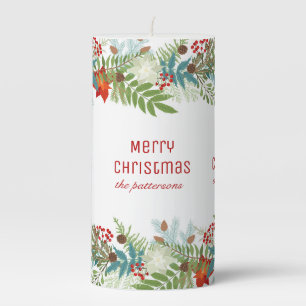 Christmas Festive Holiday Floral Personalized Pillar Candle