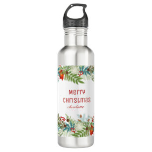 Christmas Festive Holiday Floral Personalized Stainless Steel Water Bottle