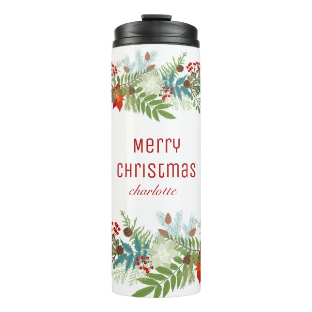 Christmas Festive Holiday Floral Personalized Thermal Tumbler (Front)