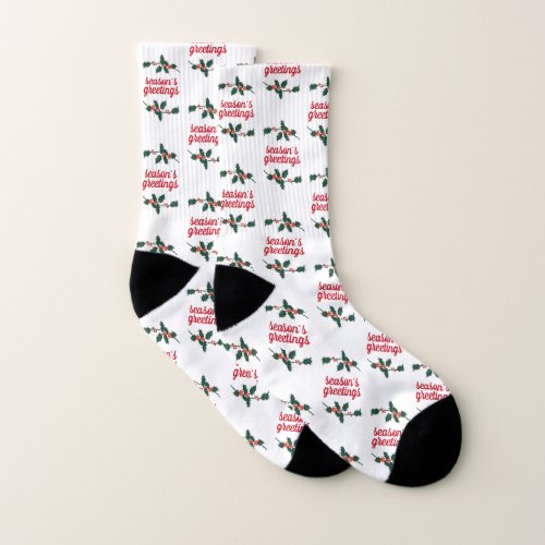 Christmas Festive Holly Berries Seasons Greetings Socks