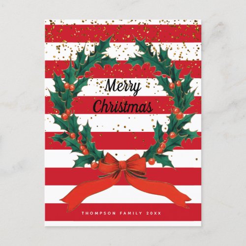 Christmas Festive Holly Berries Wreath Stripes  Holiday Postcard