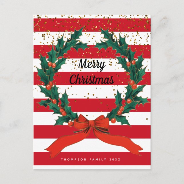 Christmas Festive Holly Berries Wreath Stripes  Holiday Postcard (Front)