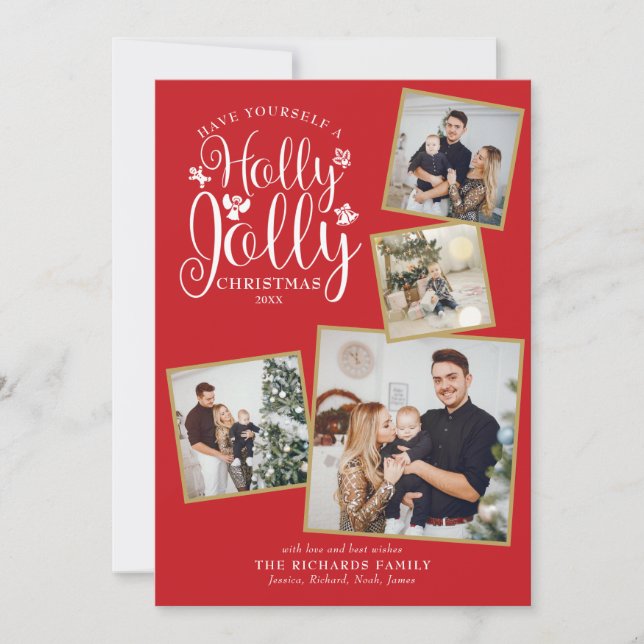 Christmas Festive Holly Jolly Photo Collage Holiday Card (Front)
