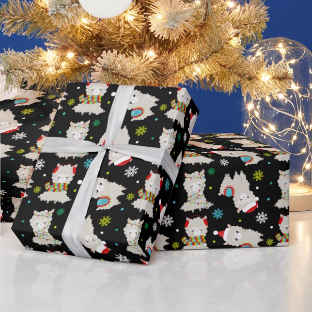 Christmas Festive Llamas on Black Wrapping Paper (Holidays)