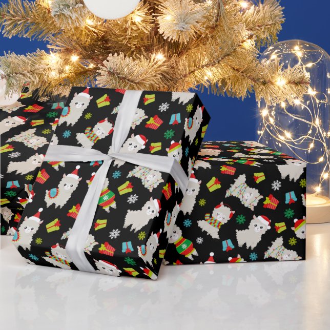 Christmas Festive Llamas on Black Wrapping Paper (Holidays)