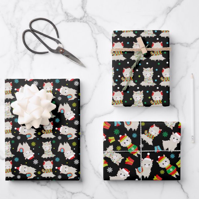 Christmas Festive Llamas on Black Wrapping Paper Sheets (Front)