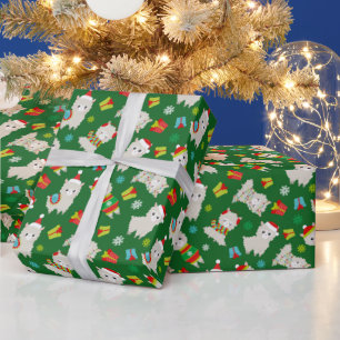 Christmas Festive Llamas on Green Wrapping Paper