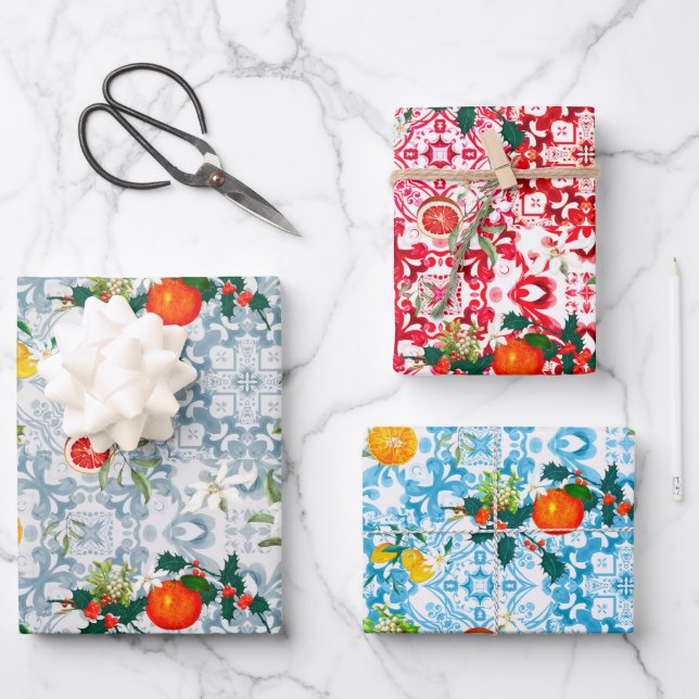 Christmas,festive,mistletoe,mediterranean tiles, wrapping paper sheets (Front)