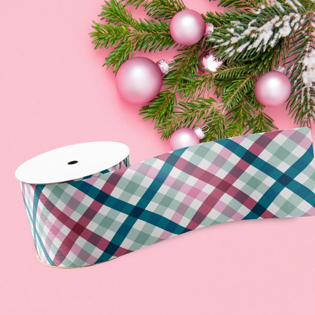 Christmas Festive Modern Plaid Grosgrain Ribbon (Christmas gingham ribbon shown in 3 inches wide. Choose size, and satin or grosgrain finish.)