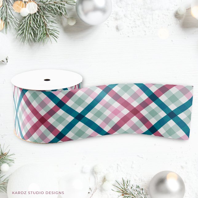 Christmas Festive Modern Plaid Grosgrain Ribbon (Christmas gingham ribbon shown in 3 inches wide. Choose size, and satin or grosgrain finish.)