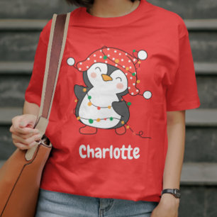 Christmas Festive Penguin Red Custom Girls Name T-Shirt