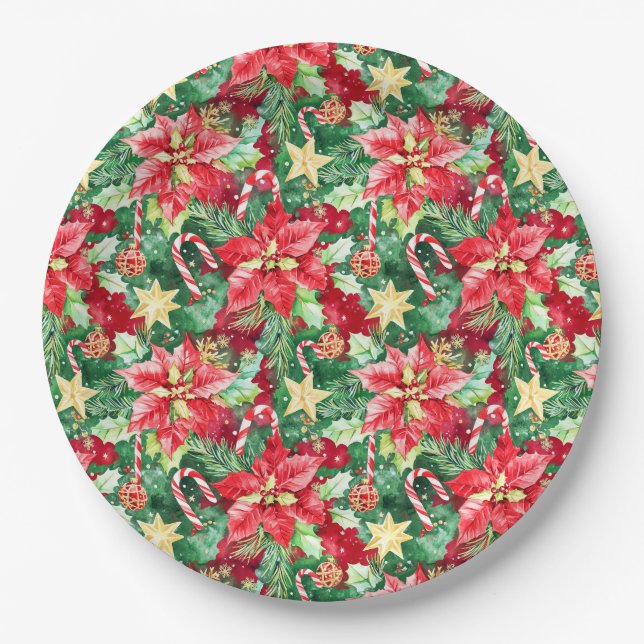 Christmas Festive Poinsettia Flowers Paper Plates (Front)