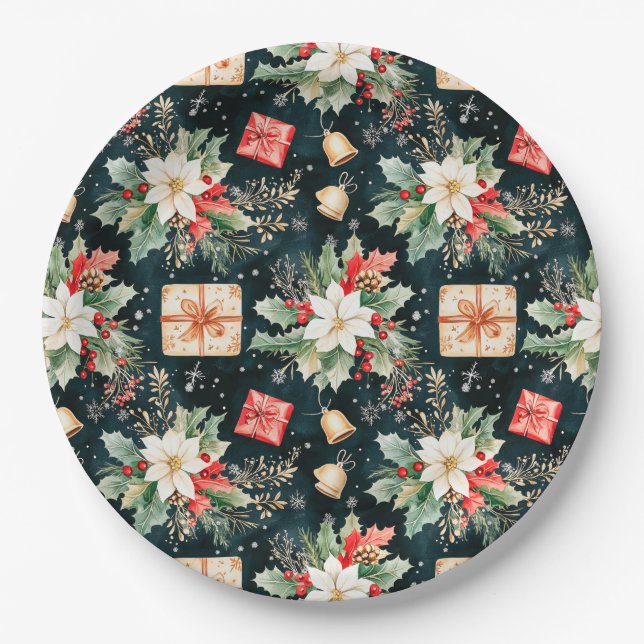 Christmas Festive Poinsettia Flowers Paper Plates (Front)