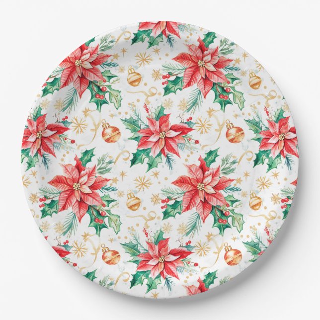 Christmas Festive Poinsettia Flowers Paper Plates (Front)