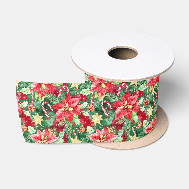 Christmas Festive Poinsettia Flowers Satin Ribbon (Spool)