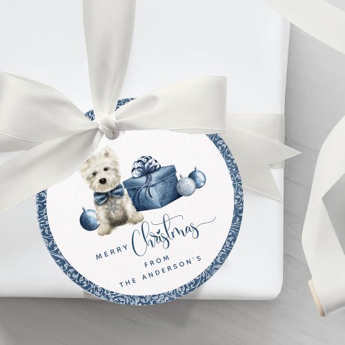 Christmas Festive Puppy Blue and Silver Swirl Favor Tags
