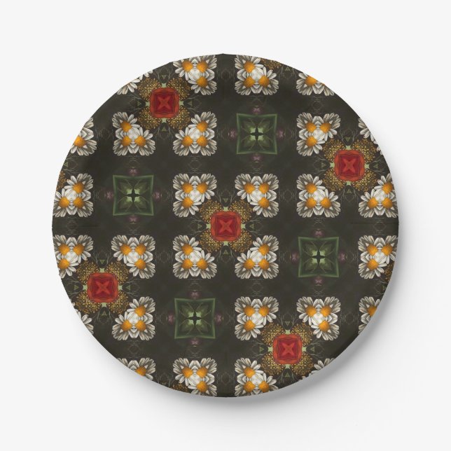 Christmas festive red cross abstract daisies paper plates (Front)