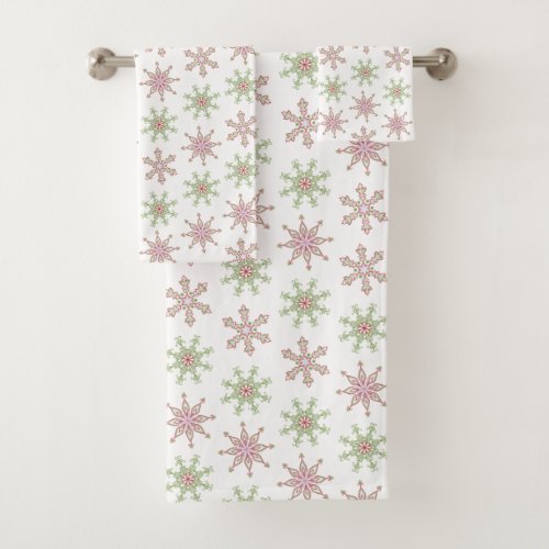 Christmas Festive Red Green Snowflake Pattern Bath Towel Set