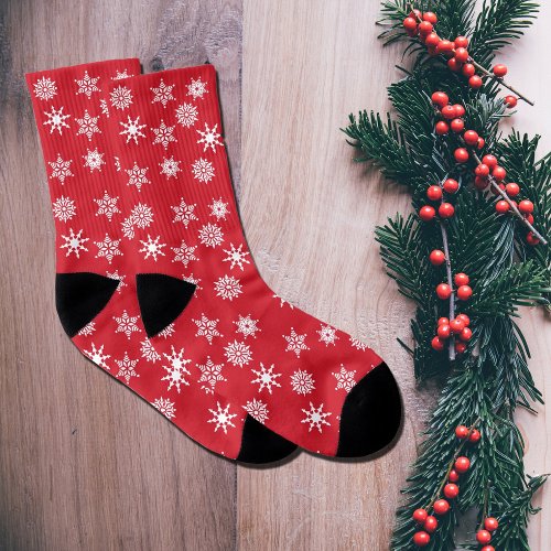 Christmas Festive Red  White Snowflakes Stars Socks