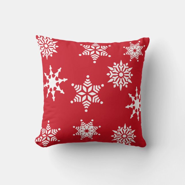 Christmas Festive Red & White Snowflakes Stars Throw Pillow (Front)