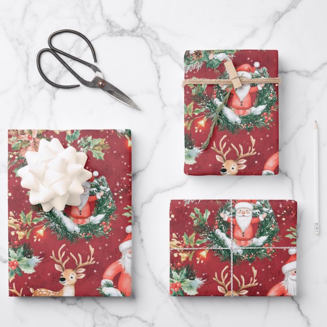 Christmas Festive Santa Claus and Reindeer Wrapping Paper Sheets (Front)