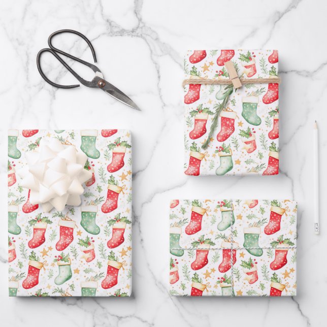 Christmas Festive Stockings Wrapping Paper Sheets (Front)