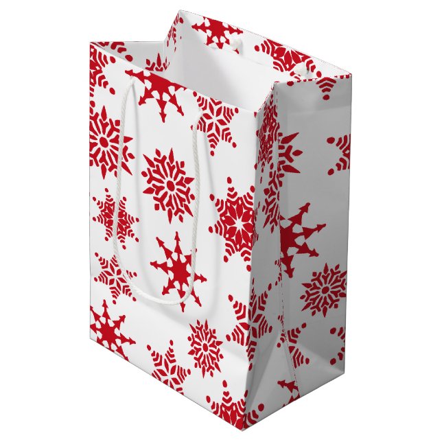 Christmas Festive White & Red Snowflakes Stars  Medium Gift Bag (Front Angled)