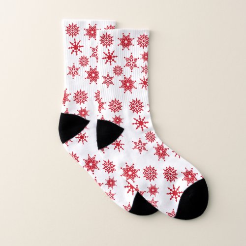 Christmas Festive White Red Snowflakes Stars Socks