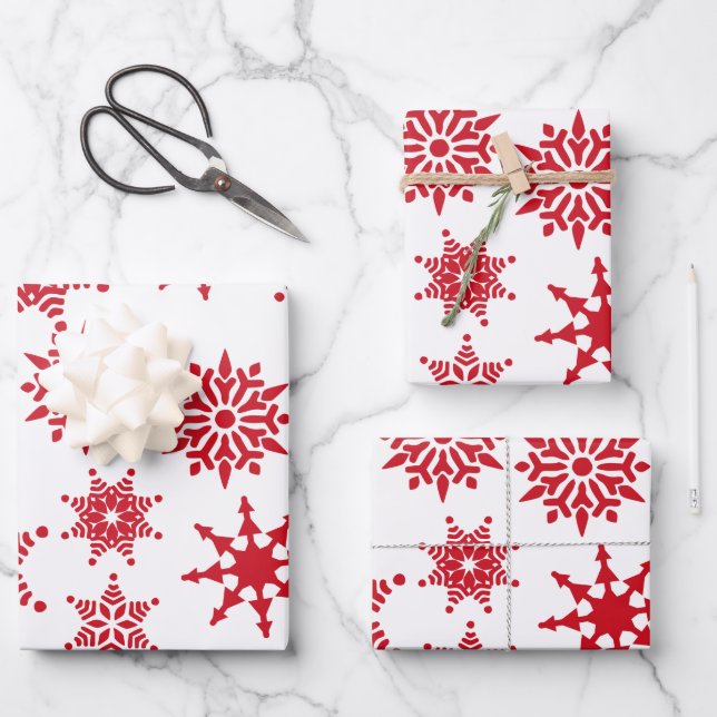 Christmas Festive White & Red Snowflakes Stars  Wrapping Paper Sheets (Front)