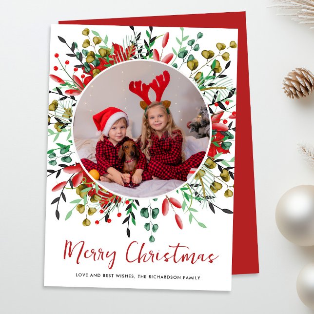 Christmas Festive Wreath Photo Holiday Card (Creator Uploaded)