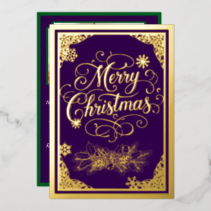 Christmas, filigree boarders, Purple, photo inside Foil Holiday Card