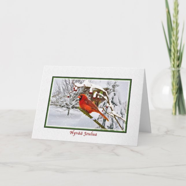 Christmas, Finnish, Cardinal Bird, Snow, Card (Front)