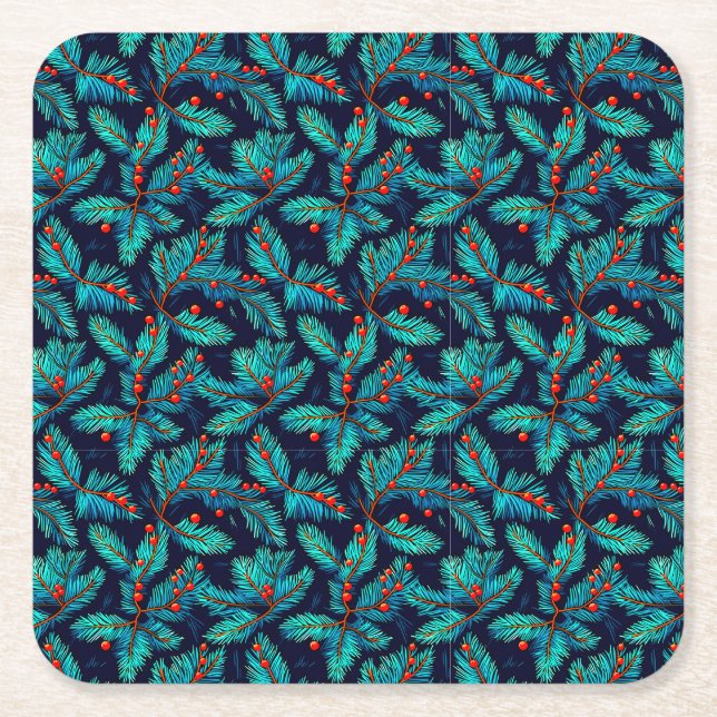 Christmas Fir Branch Pattern-82397 Square Paper Coaster (Front)
