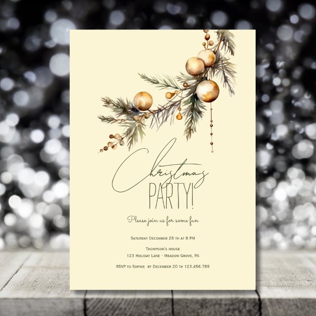 Christmas fir branch with golden balls party invitation (Creator Uploaded)