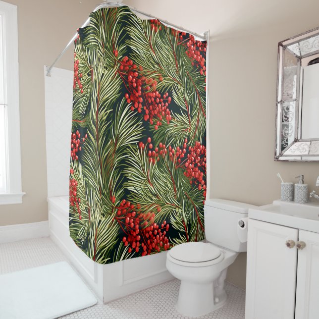 Christmas Fir Branches and Berries Shower Curtain (In Situ)