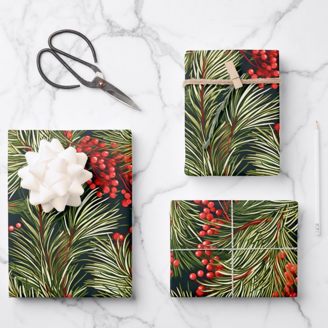 Christmas Fir Branches and Berries Wrapping Paper Sheets (Front)
