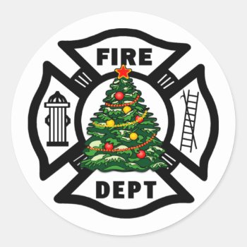 Christmas Fire Dept Classic Round Sticker by bonfirefirefighters at Zazzle
