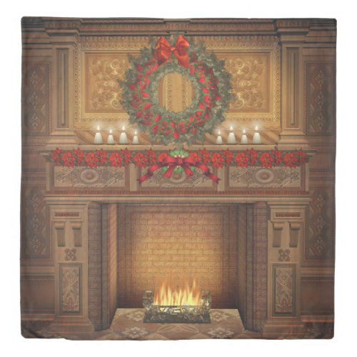 Christmas Fireplace 1 side Queen Duvet Cover