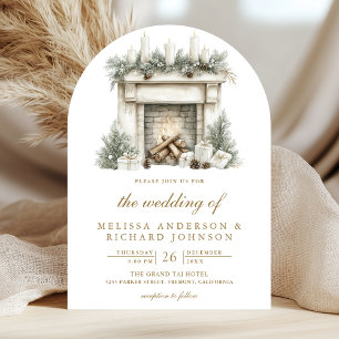 Christmas Fireplace Bow Photo QR Code Arch Wedding Invitation