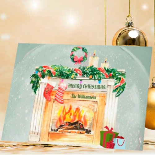 Christmas Fireplace Gifts Snow Globe Effect Holiday Card
