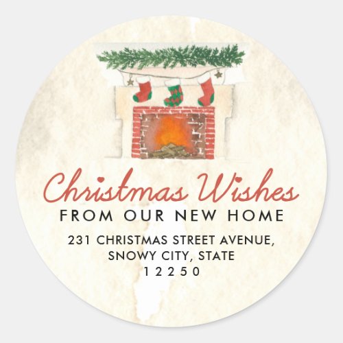 Christmas Fireplace Holiday Moving Announcement Classic Round Sticker