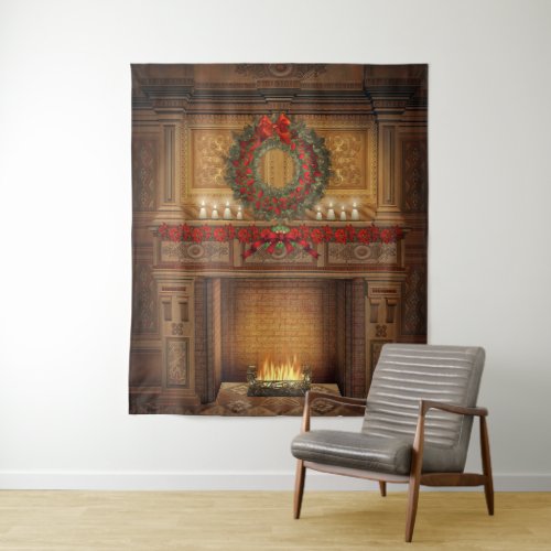 Christmas Fireplace Large Wall Tapestry