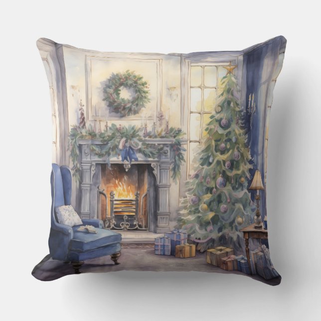Christmas Fireplace Living Room Tree Blue Throw Pillow (Front)