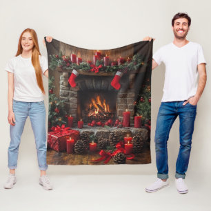 Christmas Fireplace Pinecones Red Candles   Fleece Blanket